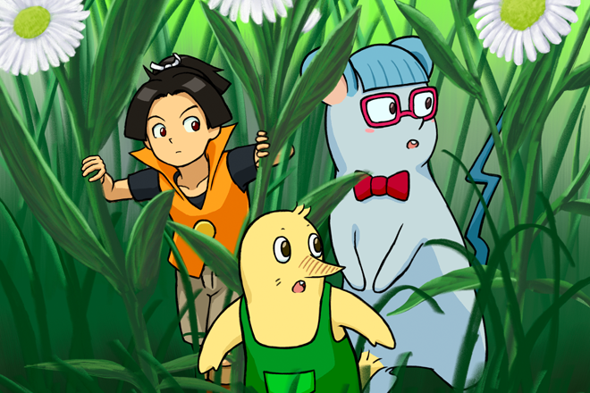 草から顔を出すロット、インテリ、チビタ